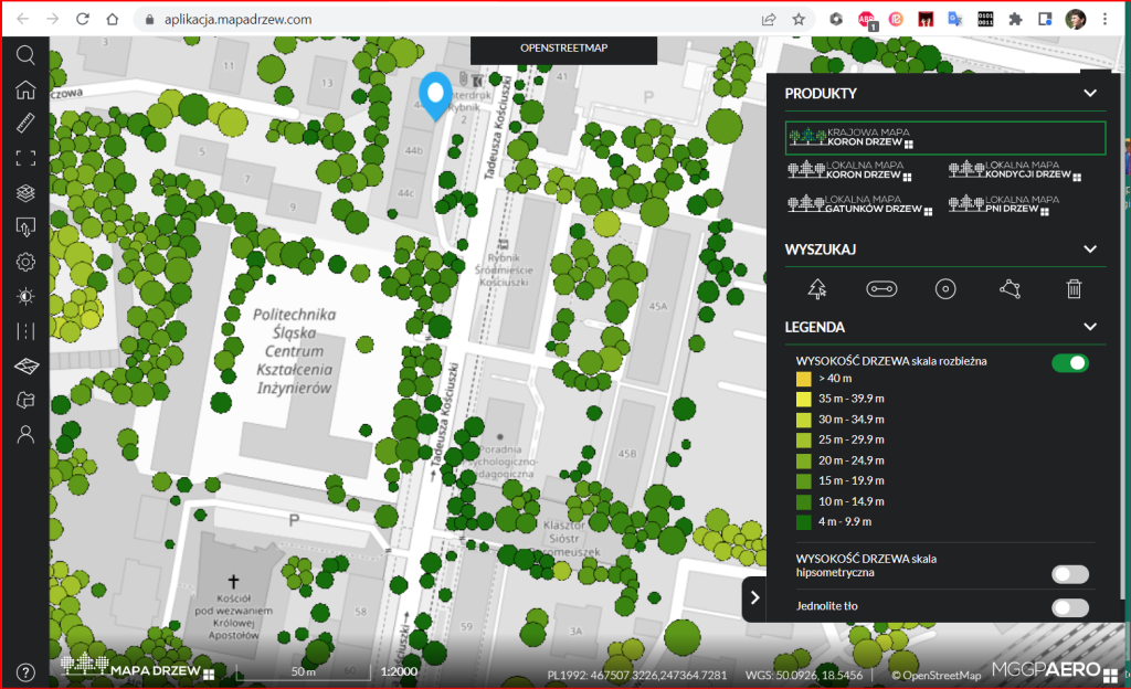 Zrzut ekranu z aplikacji przeglądarkowej Mapa drzew. Zbliżenie na ulicę Kościuszki w Rybniku