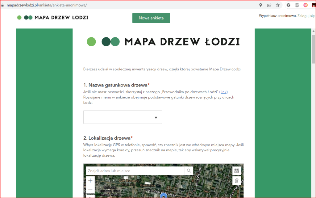 Widok karty przeglądarki internetowej z pierwszą stroną ankiety służącej do społecznej inwentaryzacji drzew w Łodzi